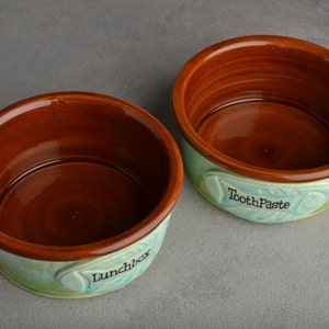 Personalized Cat Bowl Set Blue Green and Brown Ceramic Pet Dishes Made To Order by Symmetrical Pottery image 5