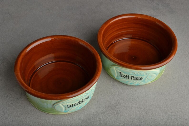 Personalized Cat Bowl Set Blue Green and Brown Ceramic Pet Dishes Made To Order by Symmetrical Pottery image 5
