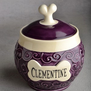 Personalized Dog Treat Jar Curls Purple Ceramic Pet Container Made To Order by Symmetrical Pottery image 2