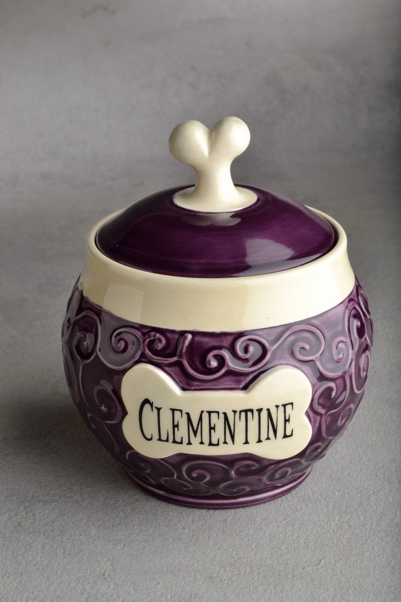 Personalized Dog Treat Jar Curls Purple Ceramic Pet Container Made To Order by Symmetrical Pottery image 2