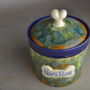 Personalized Dog Treat Jar Blue and Green Drippy Ceramic Pet Container Made To Order by Symmetrical Pottery image 8