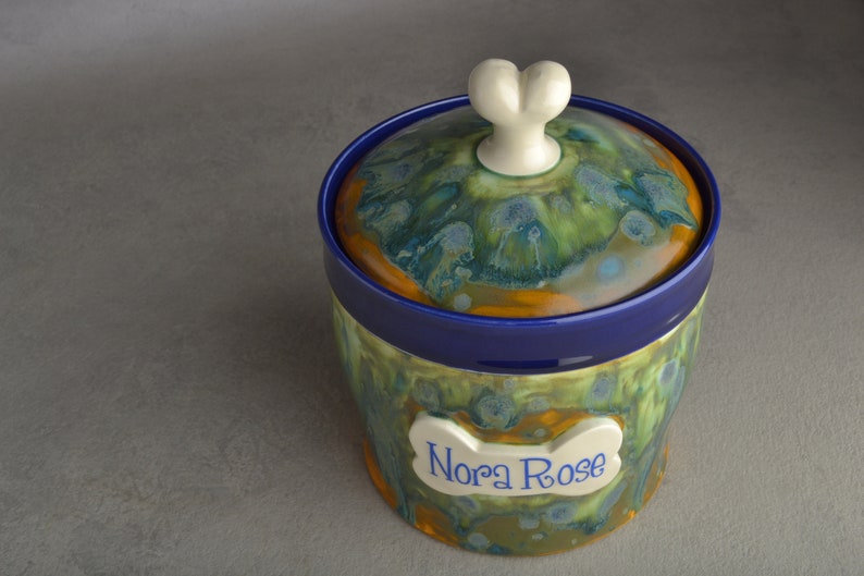 Personalized Dog Treat Jar Blue and Green Drippy Ceramic Pet Container Made To Order by Symmetrical Pottery image 8