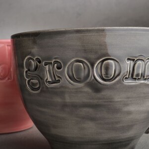 Bride Groom Coffee Mugs Made To Order Bride & Groom Stamped Coffee Soup Cocoa Mugs by Symmetrical Pottery image 5