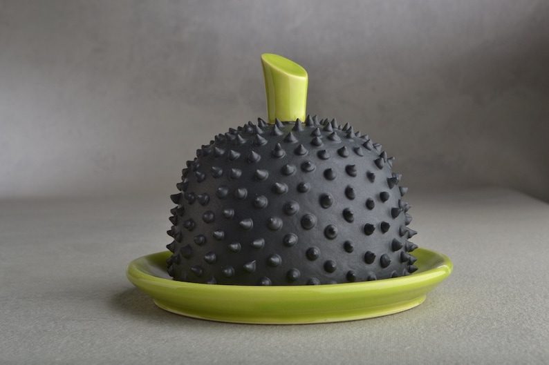 Spiky Butter Dish Made To Order Chartreuse And Black Butter Keeper by Symmetrical Pottery