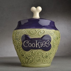 Personalized Dog Treat Jar Green and Purple Ceramic Pet Container Made To Order by Symmetrical Pottery image 1