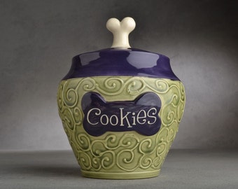 Personalized Dog Treat Jar Green and Purple Ceramic Pet Container Made To Order by Symmetrical Pottery