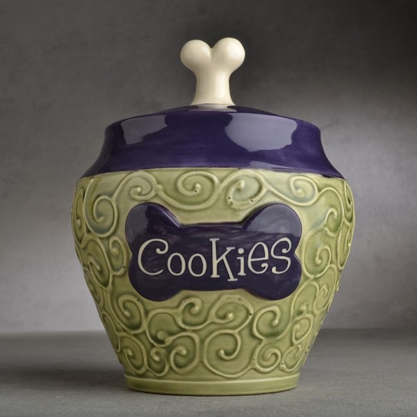 Personalized Dog Treat Jar Green and Purple Ceramic Pet Container Made To Order by Symmetrical Pottery