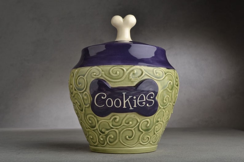 Personalized Dog Treat Jar Green and Purple Ceramic Pet Container Made To Order by Symmetrical Pottery image 1