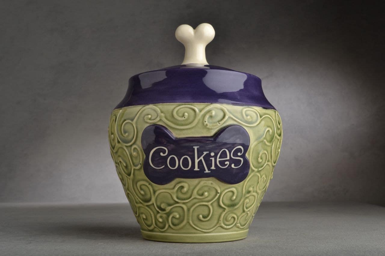 Personalized Dog Treat Jar Green & Purple Ceramic Pet Container Made To Order By Symmetrical Pottery