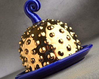 Butter Dish Cobalt and Gold Butter Keeper Ready To Ship by Symmetrical Pottery