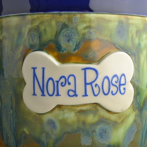 Personalized Dog Treat Jar Blue and Green Drippy Ceramic Pet Container Made To Order by Symmetrical Pottery image 2