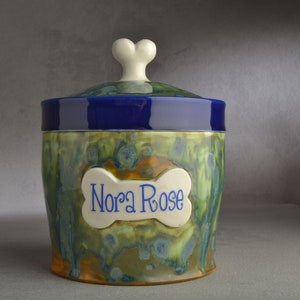 Personalized Dog Treat Jar Blue and Green Drippy Ceramic Pet Container Made To Order by Symmetrical Pottery image 3
