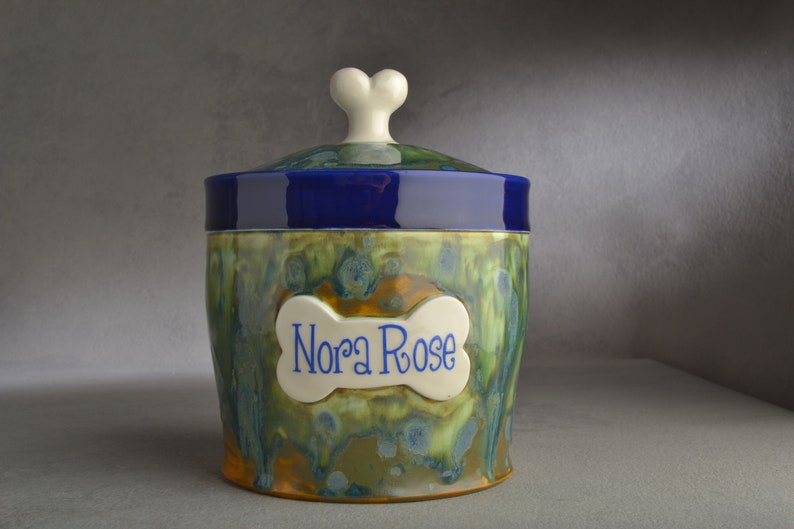 Personalized Dog Treat Jar Blue and Green Drippy Ceramic Pet Container Made To Order by Symmetrical Pottery image 3