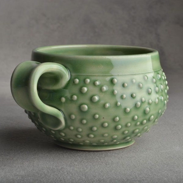 Dottie Mug: Celadon Green Stoneware Dottie Soup Cocoa Mug by Symmetrical Pottery