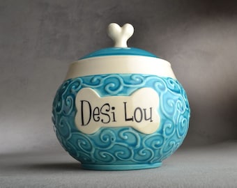 Personalized Dog Treat Jar Curls Blue Pet Ceramic Container Made To Order by Symmetrical Pottery