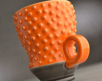 Lola Dottie Coffee Cup Ready To Ship Orange Black Dottie Tea Cocoa Mug by Symmetrical Pottery