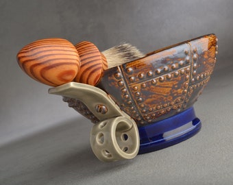 Shaving Bowl Made To Order Rust Brown Sheet Metal Shaving Lather Bowl Thumb Loop and Brush Holder by Symmetrical Pottery