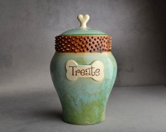 Personalized Dog Treat Jar Green Brown Spiky Collared Ceramic Pet Container Made To Order by Symmetrical Pottery