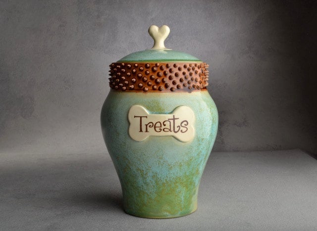 Personalized Dog Treat Jar Green Brown Spiky Collared Ceramic Pet Container Made To Order By Symmetrical Pottery