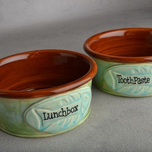 Personalized Cat Bowl Set Blue Green and Brown Ceramic Pet Dishes Made To Order by Symmetrical Pottery image 3