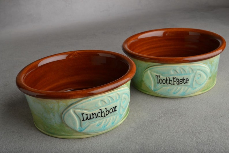 Personalized Cat Bowl Set Blue Green and Brown Ceramic Pet Dishes Made To Order by Symmetrical Pottery image 3