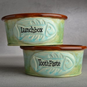 Personalized Cat Bowl Set Blue Green and Brown Ceramic Pet Dishes Made To Order by Symmetrical Pottery image 1