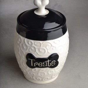 Personalized Dog Treat Jar Black & White Curls Ceramic Pet Container Made To Order by Symmetrical Pottery image 4