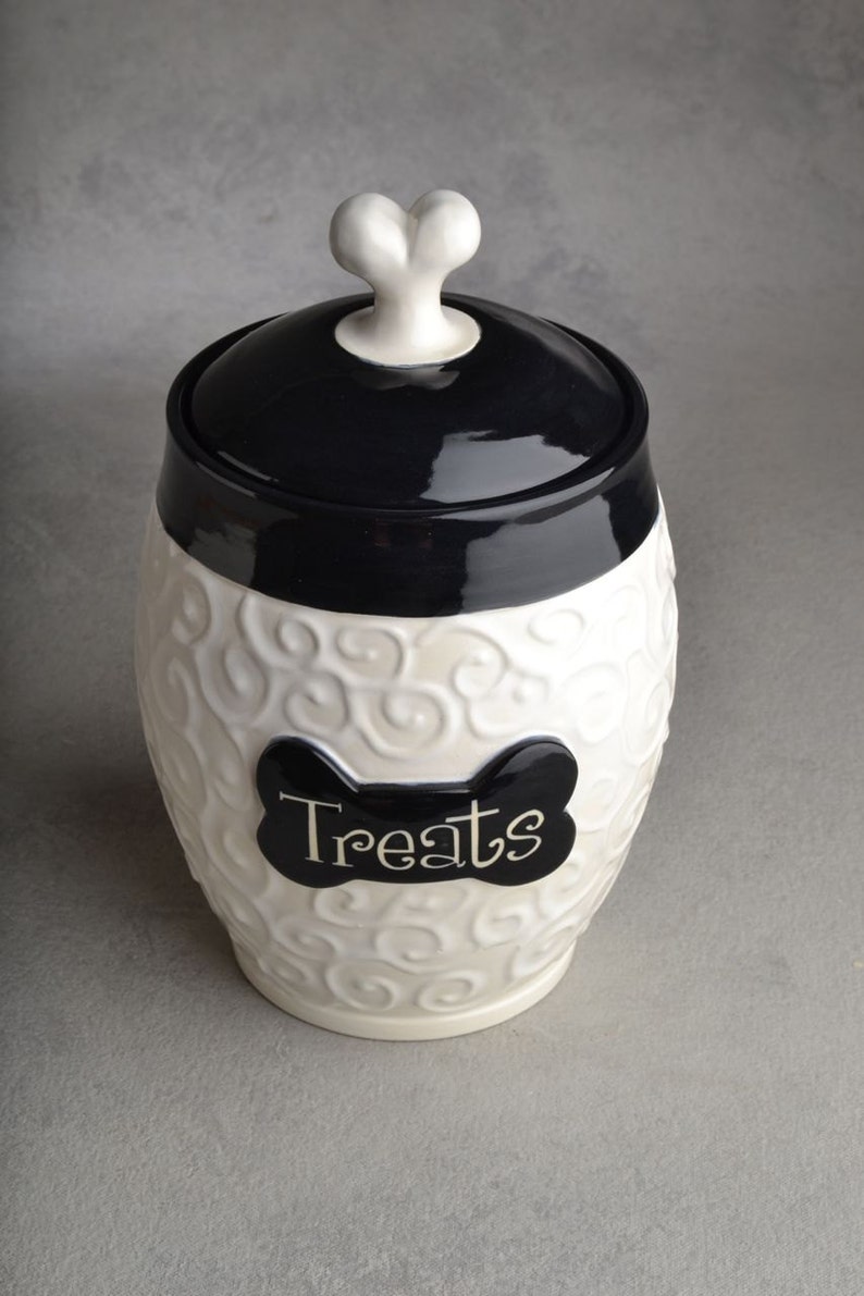 Personalized Dog Treat Jar Black & White Curls Ceramic Pet Container Made To Order by Symmetrical Pottery image 4