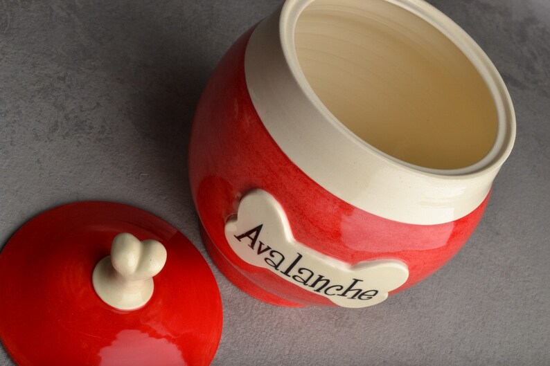 Dog Treat Jar Made To Order Red with White Trim Treat Jar by Symmetrical Pottery image 4