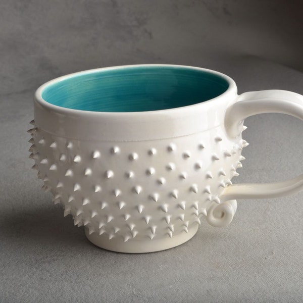 Spiky Mug Made To Order White and Caribbean Blue Dangerously Spiky Cocoa/Soup Mug by Symmetrical Pottery