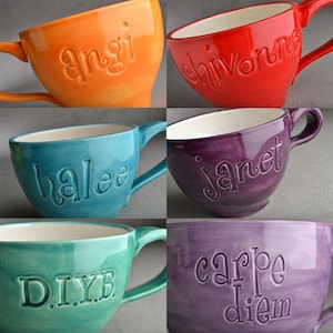 Colorful Personalized Coffee Mug Made To Order Ceramic Stamped Custom Soup Cocoa Tea Cup by Symmetrical Pottery image 5