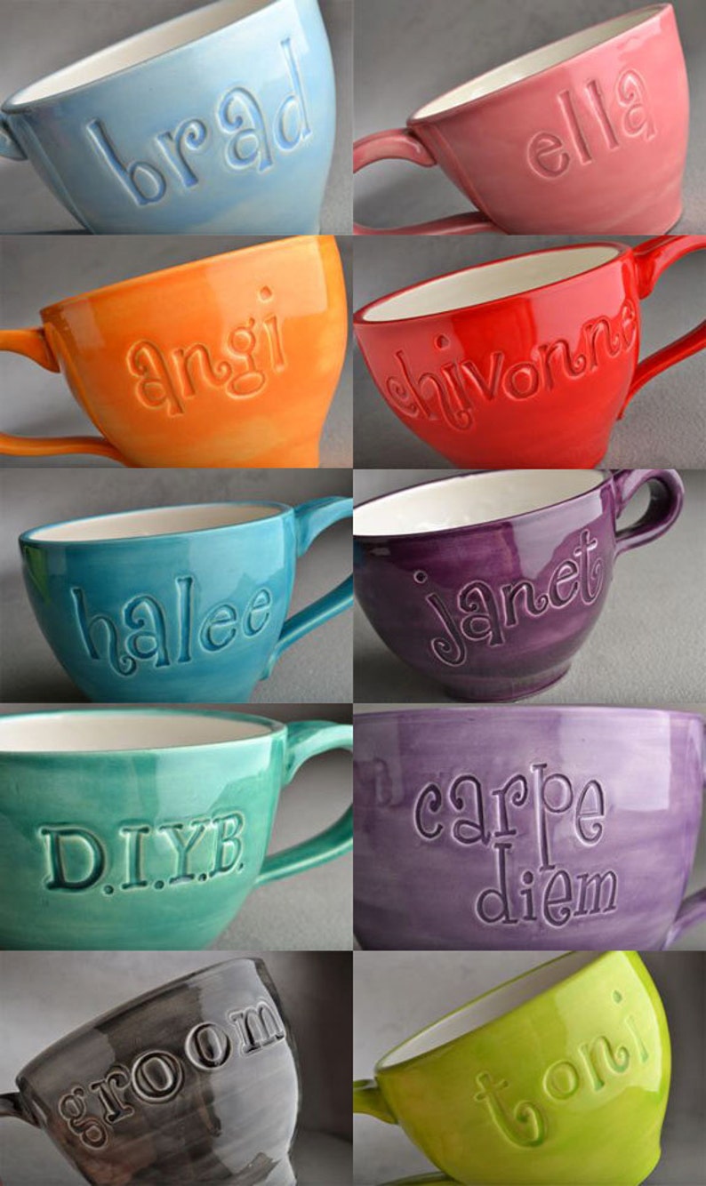 Colorful Personalized Coffee Mug Made To Order Ceramic Stamped Custom Soup Cocoa Tea Cup by Symmetrical Pottery image 5