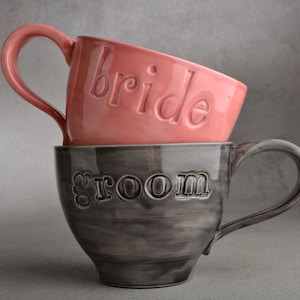 Bride Groom Coffee Mugs Made To Order Bride & Groom Stamped Coffee Soup Cocoa Mugs by Symmetrical Pottery image 1