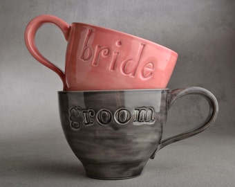 Bride Groom Coffee Mugs Made To Order Bride & Groom Stamped Coffee Soup Cocoa Mugs by Symmetrical Pottery