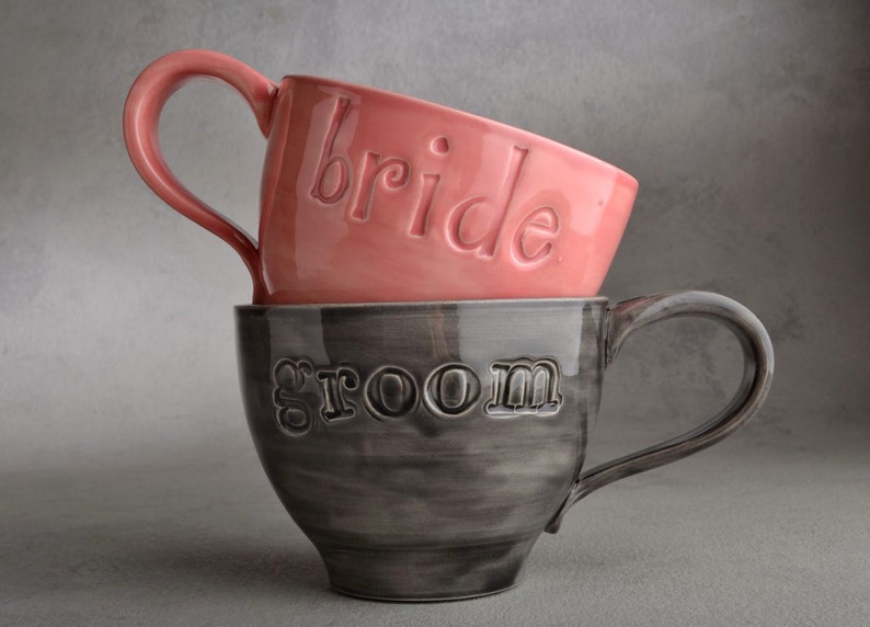 Bride Groom Coffee Mugs Made To Order Bride & Groom Stamped Coffee Soup Cocoa Mugs by Symmetrical Pottery image 1