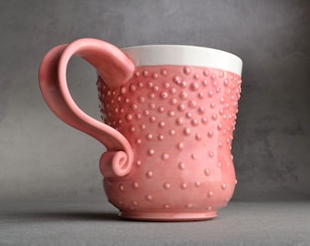 Curvy Dottie Mug Made To Order Pink And White Dottie Mug by Symmetrical Pottery