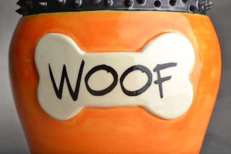 Personalized Dog Treat Jar Orange and Black Spiky Collared image 3