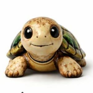 Könnte beinhalten: Eine Keramik-Schildkrötenfigur mit einem lächelnden Gesicht und großen, schwarzen Augen. Der Panzer der Schildkröte ist grün und gelb, und der Körper ist hellbraun mit braunen Flecken. Die Figur steht vor einem weißen Hintergrund.