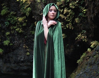 Green Velvet Cloak, Fairytale Wedding Cloak, Full length Hooded Cape, Fairy Bride Cape, Medieval Fantasy, Brass Clasp, 54 1/2 inches