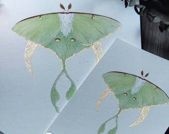 Luna Moth Art, Green Moth, Gold Crescent moon, Art Nouveau style, Giclee art print, Fairytale Watercolor artwork, Fairy Fantasy Moth Wings