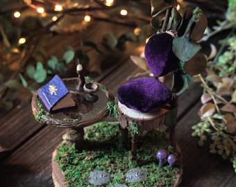 Purple Fairy Garden Chair Set, Faerie Chair sculpture, Fae Garden teatime