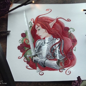 Faerie Knight Print, Red Hair Elf, Medieval Fantasy Art, Giclee Art, Lady Knight Armor, Fairy Tale, Red Roses, Silver Sword image 1