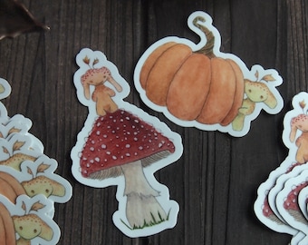 Autumn Leafling Stickers, Mushroom Fairy sticker, Pumpkin sticker, Fairytale creatures, Forest fairy, Watercolor Art Stickers, Single or Set