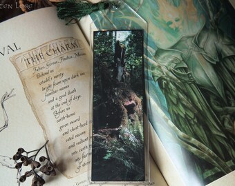 Marque-page arbre féerique, château de fées, recouvert de mousse, scène naturelle de forêt, marqueur de livre de photographie, gland de marque-page de conte de fées, 5 cm sur 15 cm