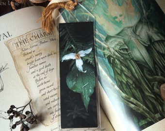 Marque-page fleur blanche, gland de marque-page fantastique, marqueur pour livre photo de conte de fées, paysage de forêt elfique, fleur de trille blanc, 5 x 15 cm