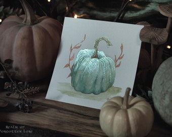 Teal Fairytale Pumpkin Watercolor, Fantasy watercolor home decor