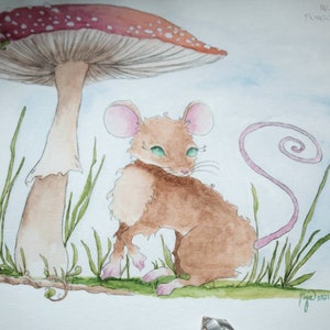 Mushroom Mouse art, Red Amanita watercolor, Fairytale Scene, Woodland Life artwork, Giclee Print, Folk Tale Illustration, Fly Agaric Fungi image 3