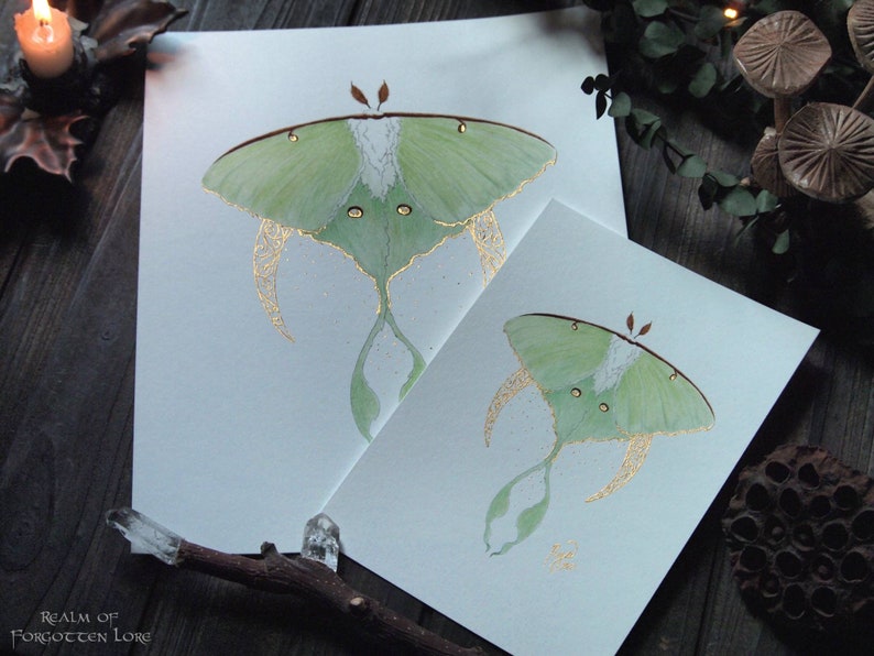 Luna Moth Art, Green Moth, Gold Crescent moon, Art Nouveau style, Giclee art print, Fairytale Watercolor artwork, Fairy Fantasy Moth Wings image 9