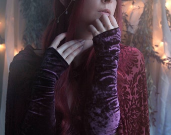 Burgundy Velvet Gloves, Dark Red Fairy Fingerless Gloves, Elven Style, Medieval Fantasy, Stretch Velvet Arm Warmers, Fairytale Wedding