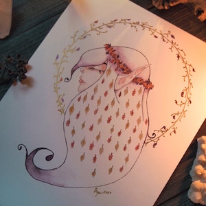 Autumn Fairy Watercolor, Faerie Queen, Fantasy illustration, Folktale, Hand Embellished, Metallic Watercolor, Giclee Art Print, Art Nouveau